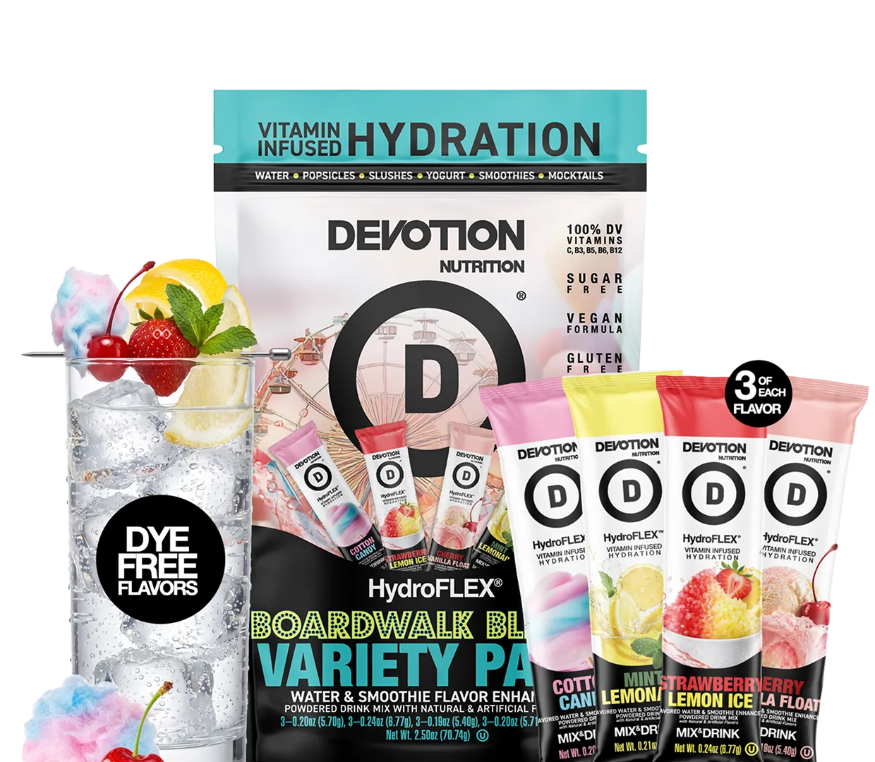 A promotional image for Devotion Nutrition's Boardwalk Blends hydration variety pack with a garnished glass of ice water.