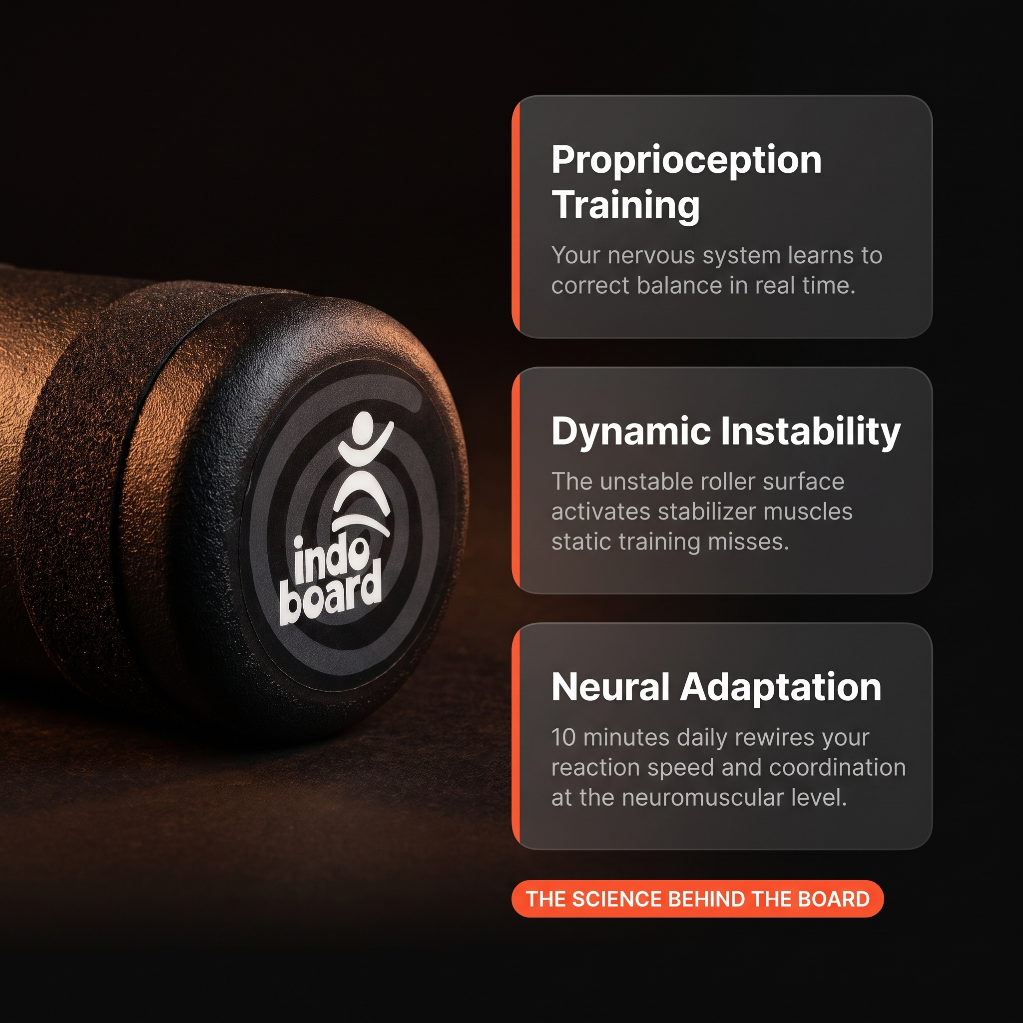 Close-up of an Indo Board roller next to text describing the science behind the board.