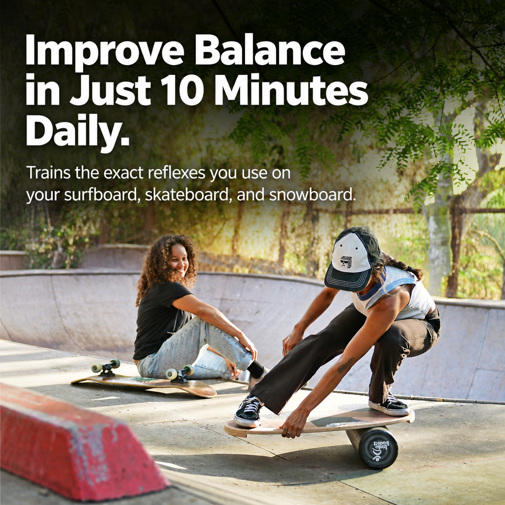 A person practices on a balance board at a skatepark as another person watches.
