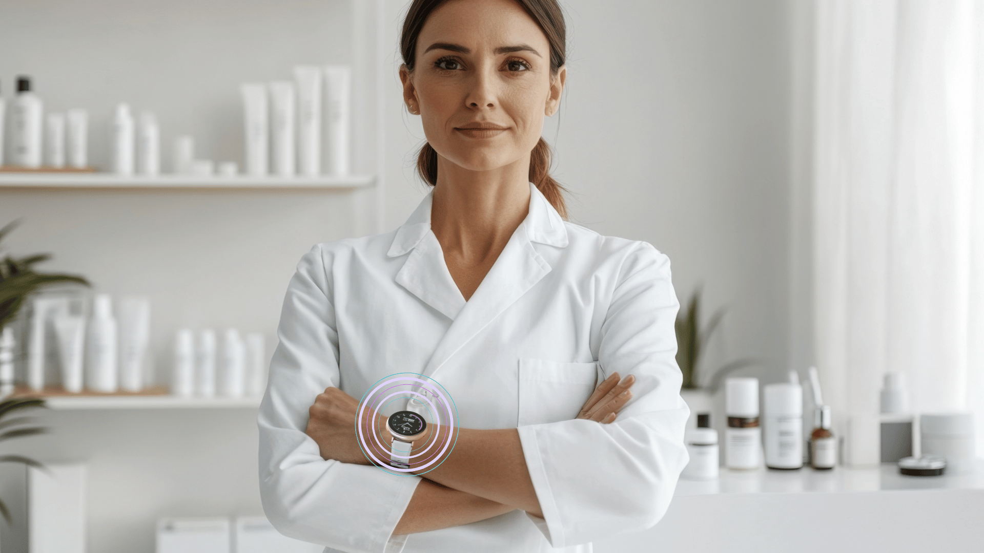 Person in a white coat standing in a skincare product store.