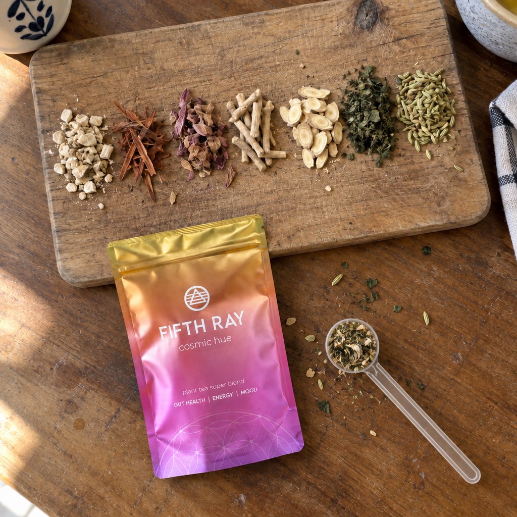 A bag of Fifth Ray plant tea next to a cutting board displaying its individual dried ingredients.
