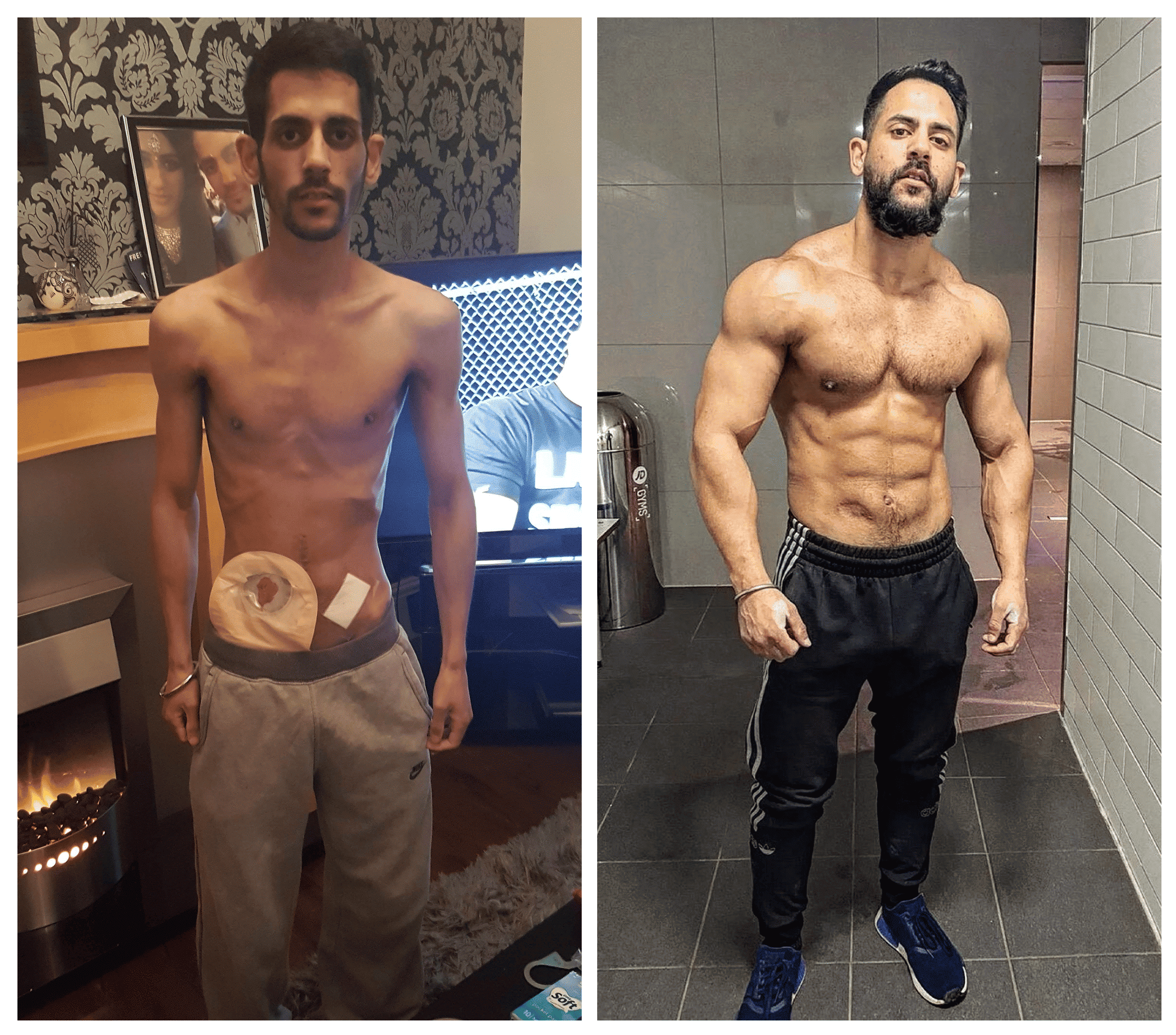 Side-by-side comparison of a man's physical transformation.