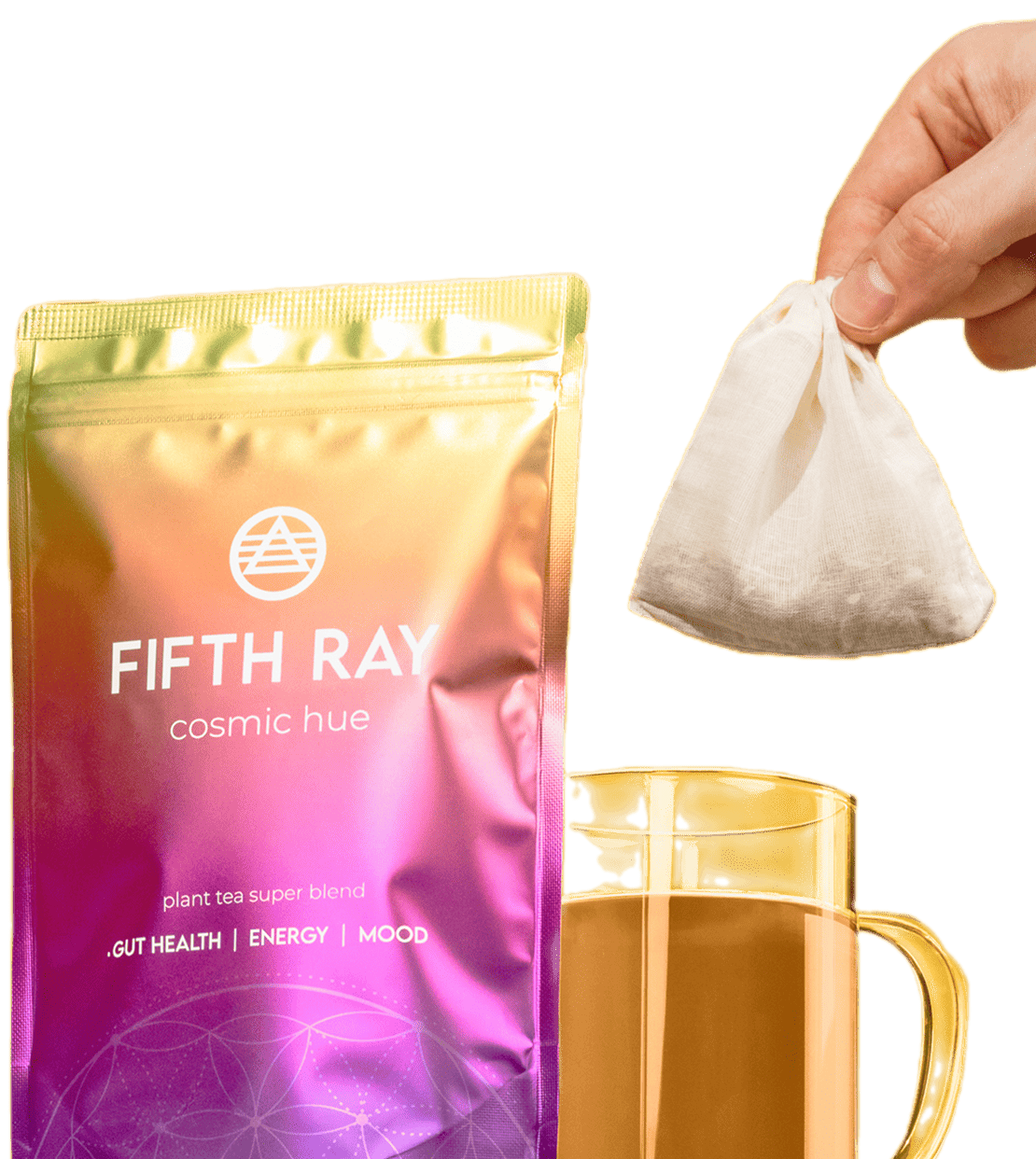 Hand holding a tea bag above a cup, next to a colorful tea package.
