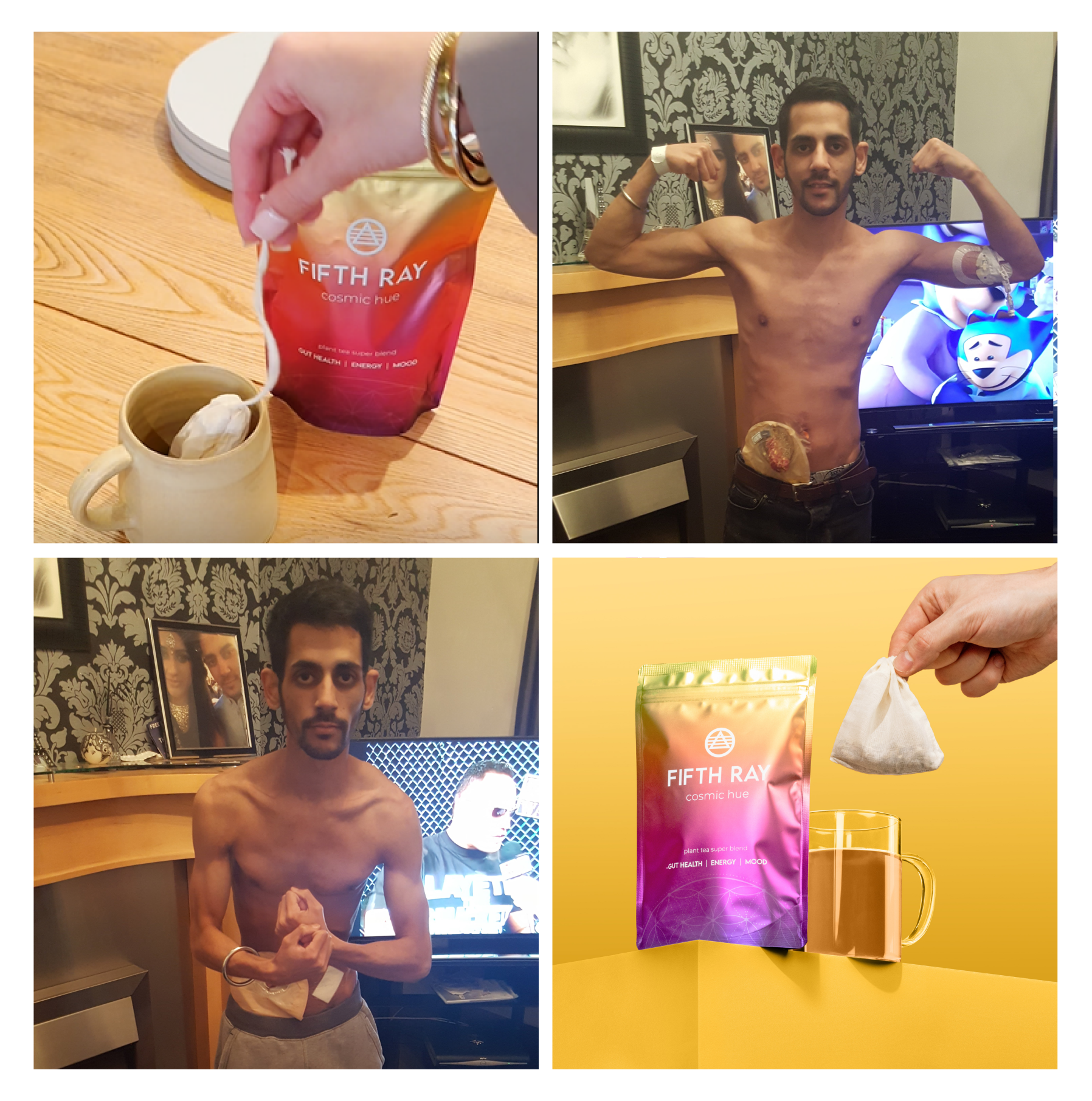 Collage of a man posing shirtless and a tea bag with 'Fifth Ray' packaging.