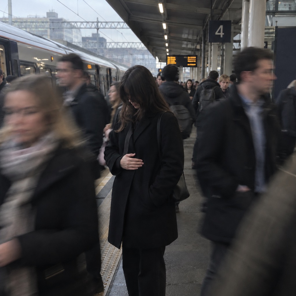 A woman in a black coat stands still on a train platform as a blurred crowd walks by.