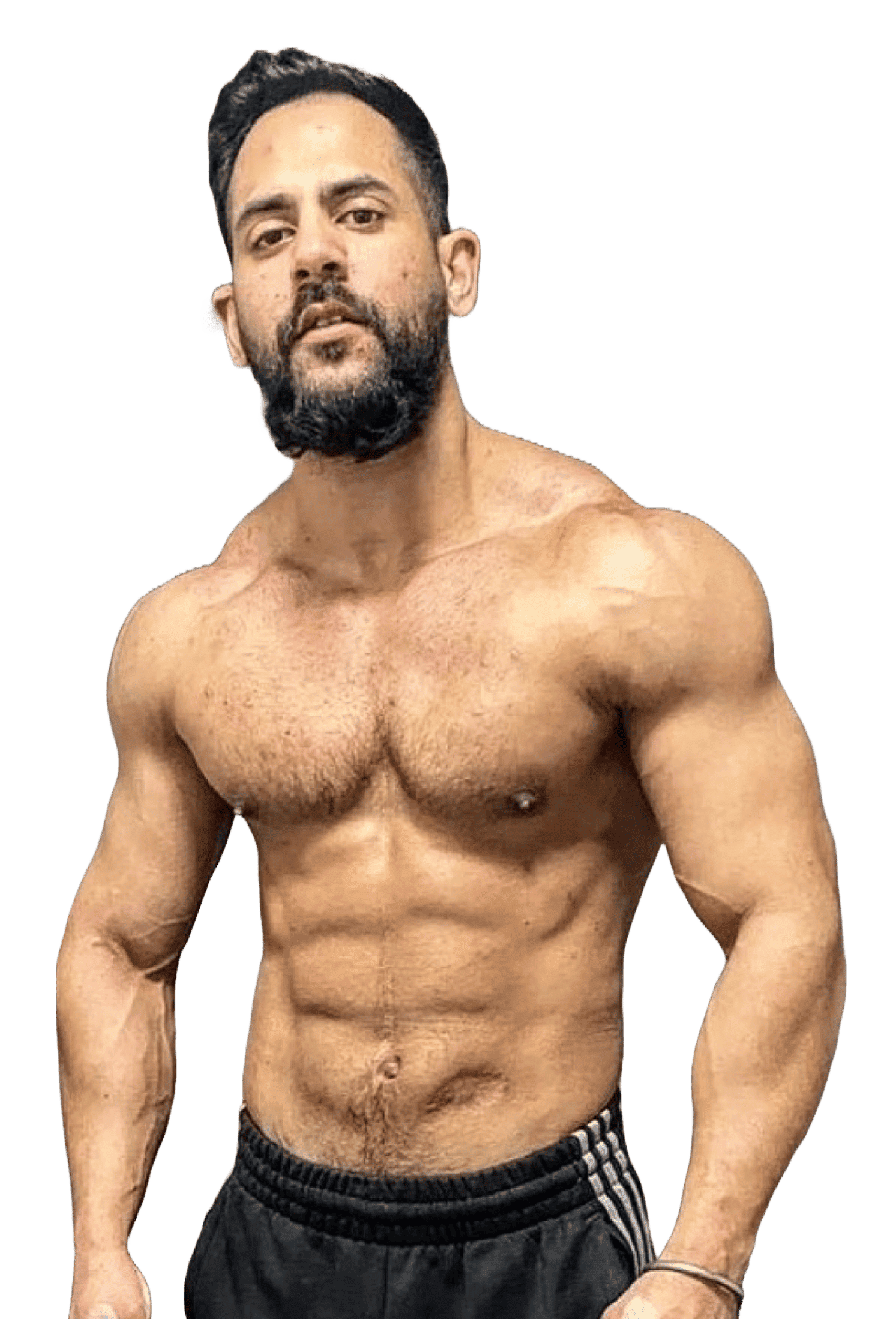 Muscular man, glass of water, tea bag, and Fifth Ray product on yellow background.