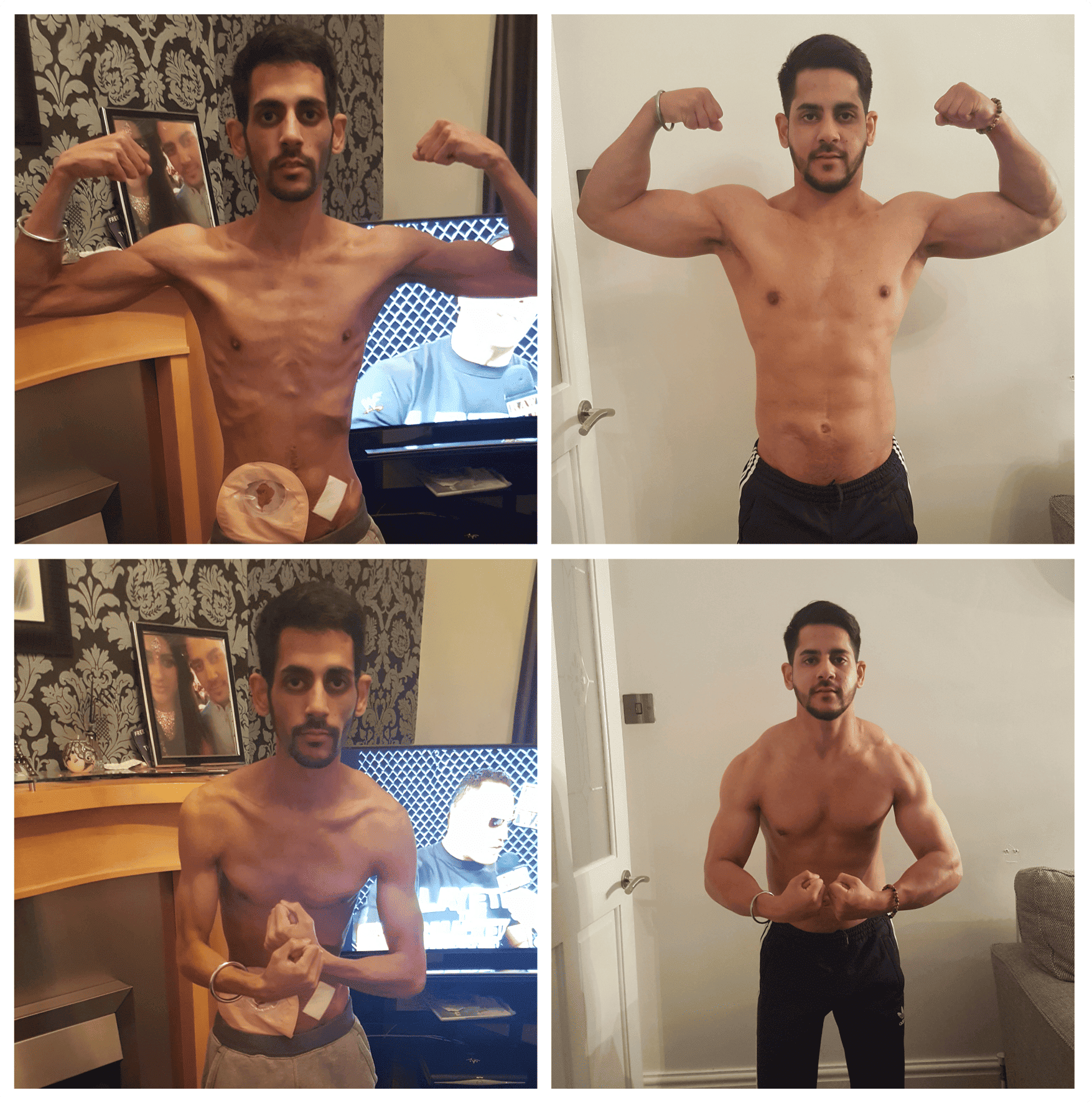 Four images showing a man's physical transformation over time.