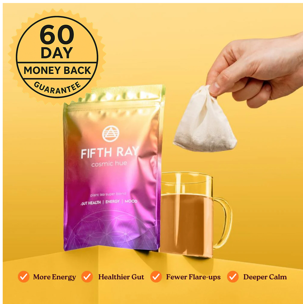 A pouch of Fifth Ray tea next to a glass mug as a hand holds a tea bag.