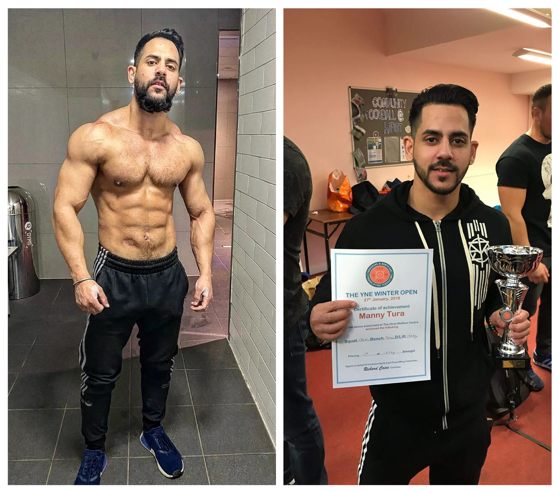 Two images: a muscular man posing and the same man holding a trophy and certificate.