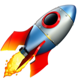Illustration of a rocket with red fins and a fiery exhaust.