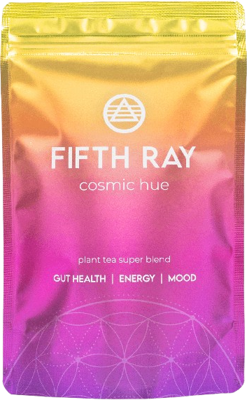 Colorful tea packaging labeled 'Fifth Ray Cosmic Hue' with health benefits listed.