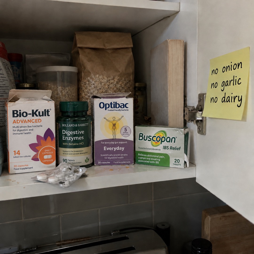 A kitchen cabinet with digestive supplements, oats, and a sticky note reading 'no onion no garlic no dairy'.