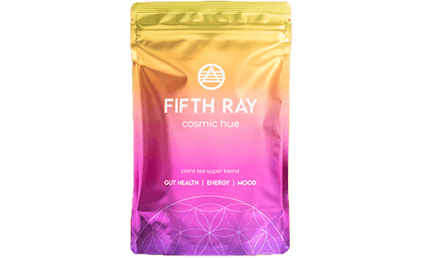 Colorful tea packaging labeled 'Fifth Ray Cosmic Hue' with health benefits listed.