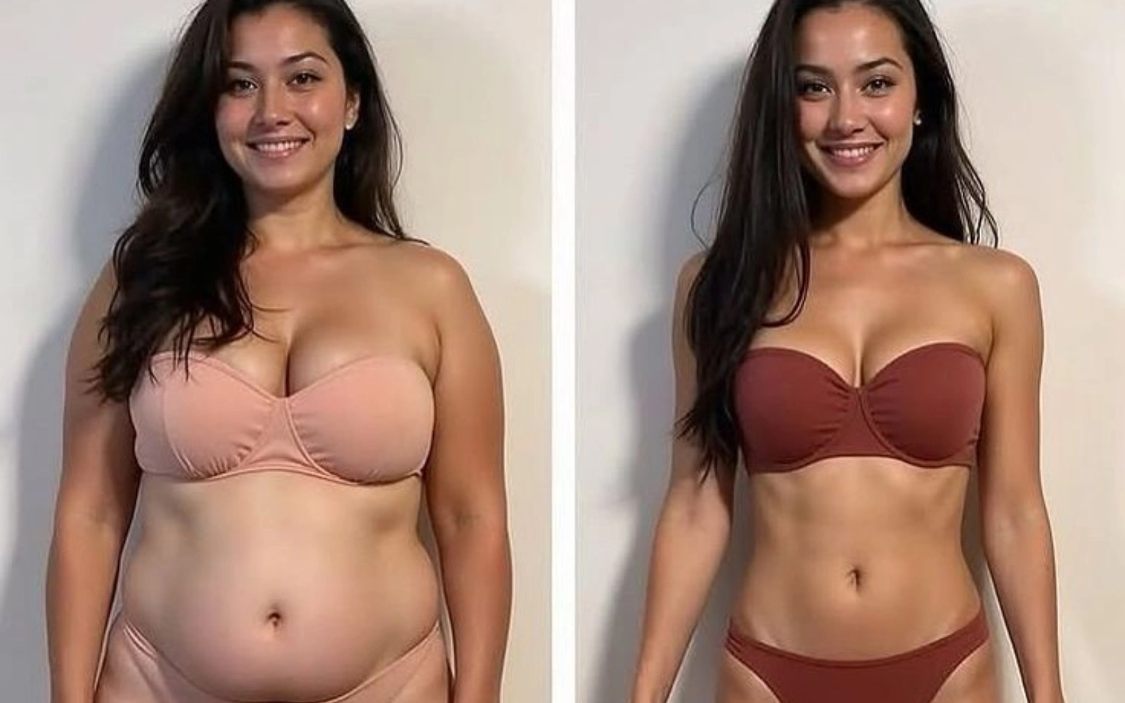 Side-by-side comparison of a person in different outfits.