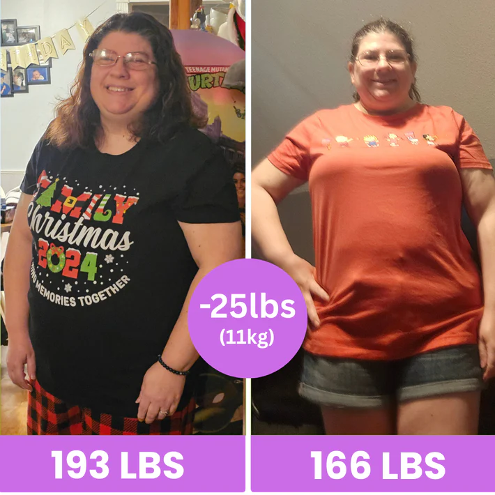 Two side-by-side images showing weight loss progress of 25 pounds (11 kg).