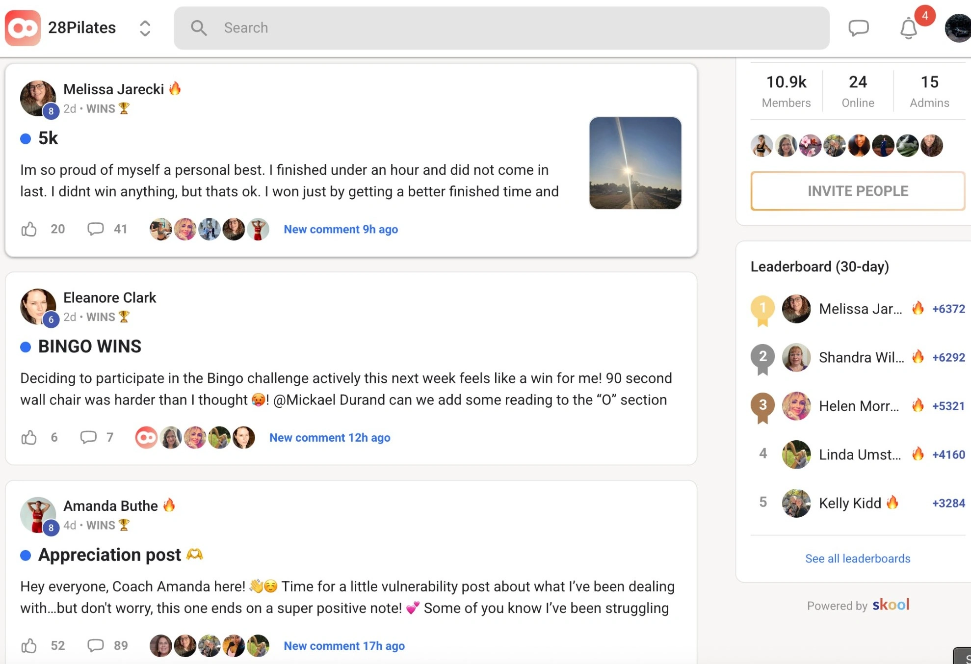 Social media posts with user comments and leaderboard on the side.