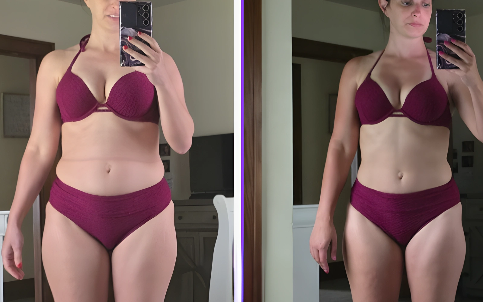 Side-by-side comparison of a person in a burgundy swimsuit taking mirror selfies.