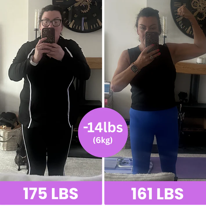 Side-by-side comparison of weight loss, showing -14 lbs (6 kg) difference.