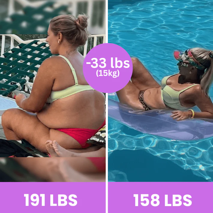 Side-by-side comparison of weight loss, showing a woman before and after losing weight.
