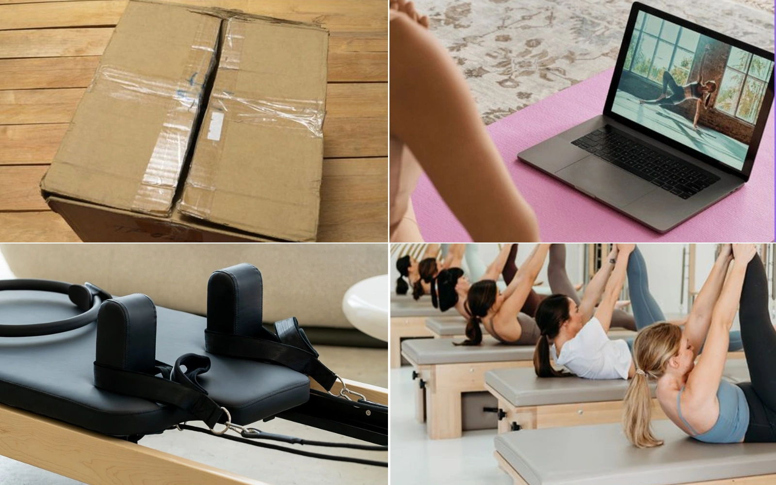 Collage of a cardboard box, online workout, Pilates machine, and group Pilates class.