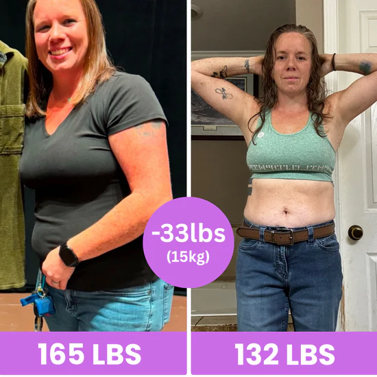 Side-by-side photos of a woman showing weight loss transformation.