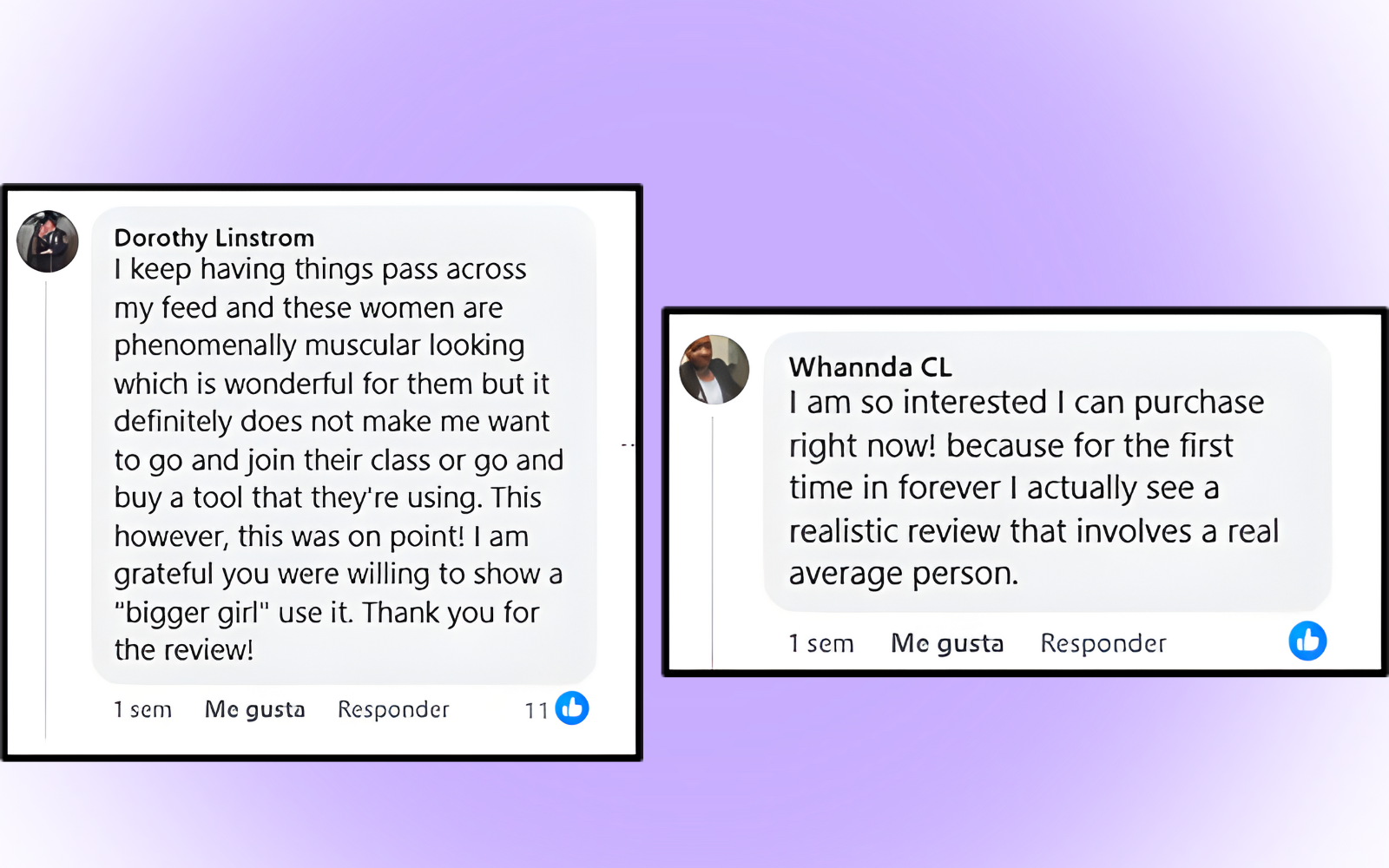 Two social media comments on a purple background.