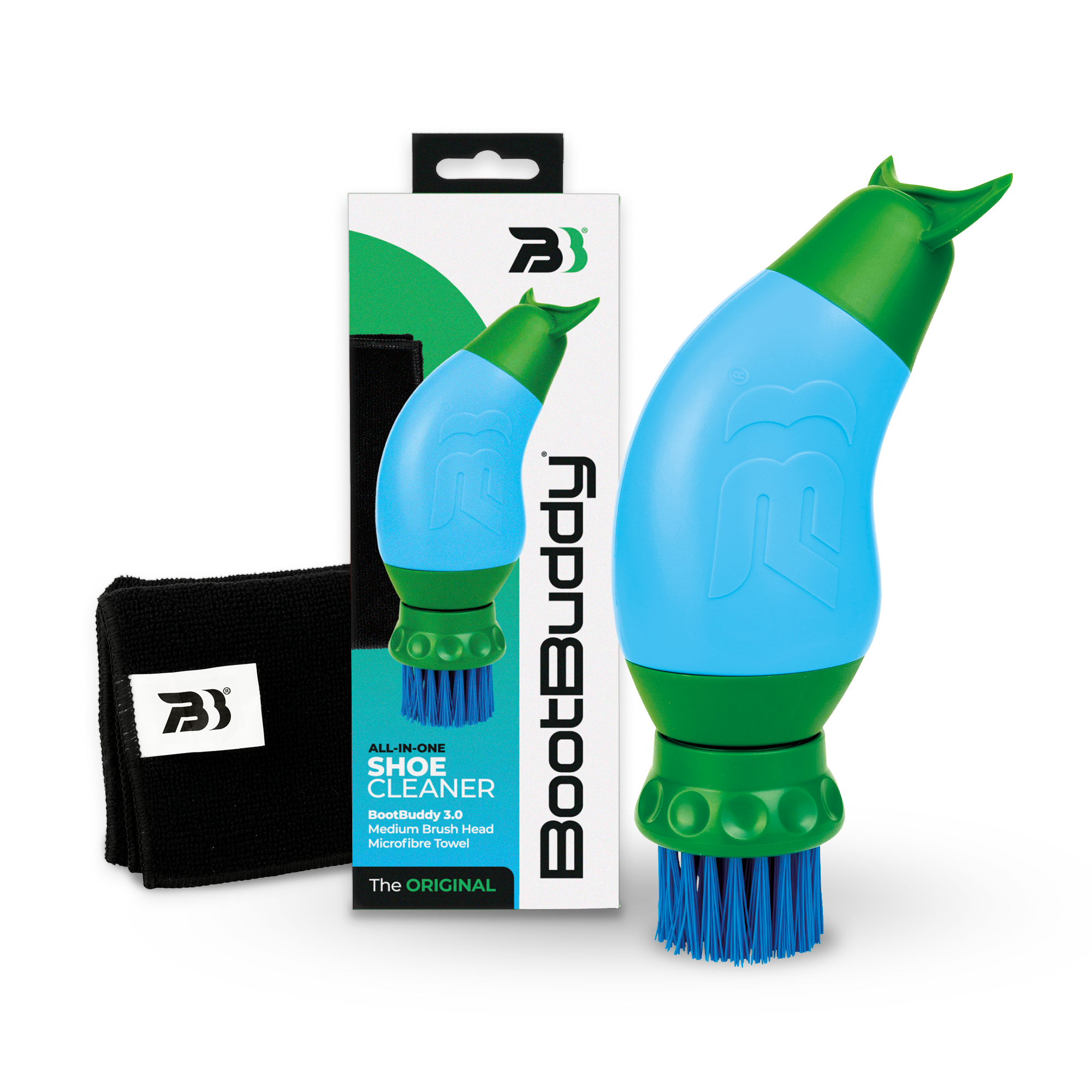 Boot cleaning tool with blue and green design, packaging, and black cloth.