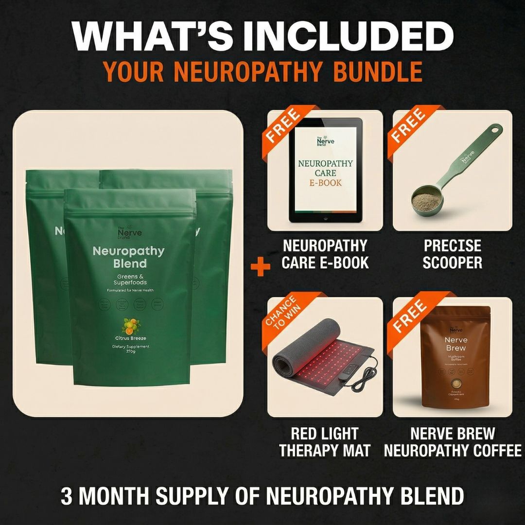 An advertisement for a 'Neuropathy Bundle' showing supplements, an e-book, a scoop, a therapy mat, and coffee.