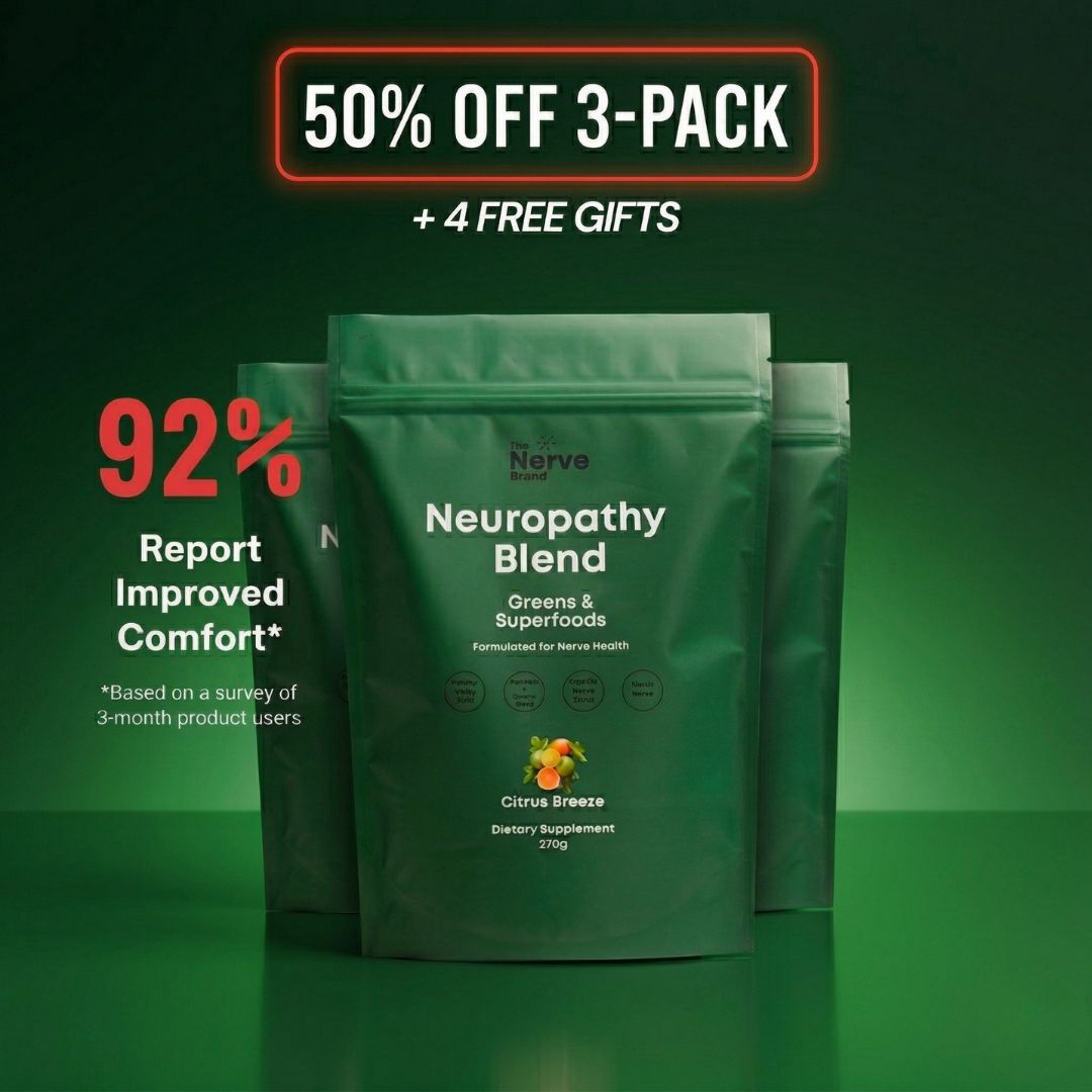 An advertisement for The Nerve Brand Neuropathy Blend supplement, showing three green pouches and a 50% off offer.