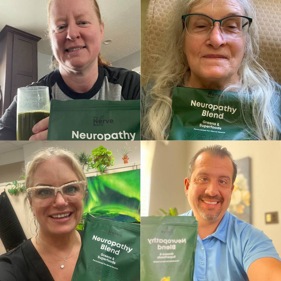 A collage of four different people smiling and holding bags of The Nerve Brand Neuropathy Blend.