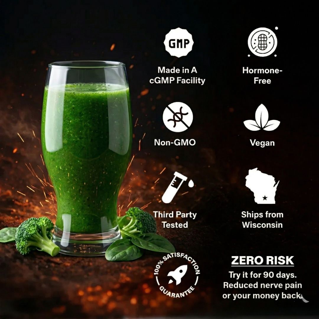 A glass of green smoothie with broccoli and spinach, surrounded by icons advertising product features.