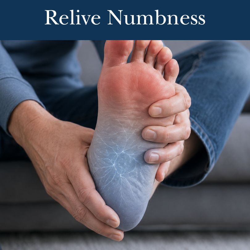A person holds the sole of their foot, which has a blue graphic overlay representing numbness.