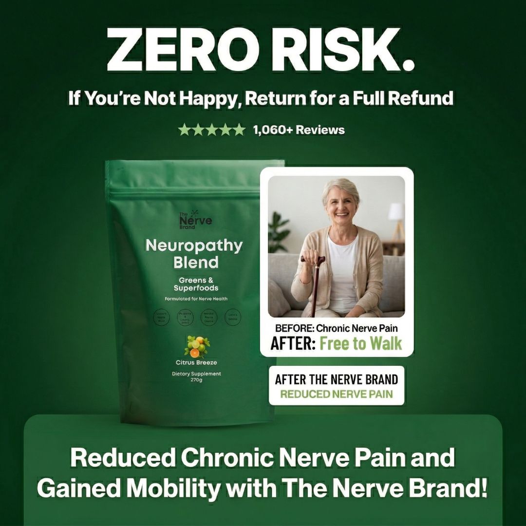 An ad for The Nerve Brand Neuropathy Blend showing the product pouch and a woman's before/after photo.