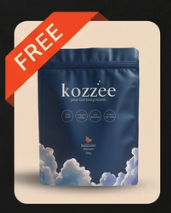 A dark blue pouch of a product called Kozzee, with an orange ribbon that says 'FREE'.