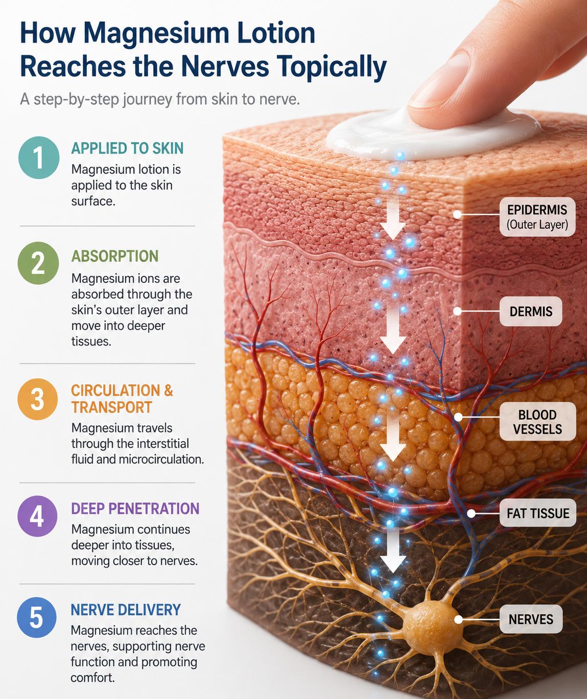 An infographic showing a cross-section of skin and the 5 steps for magnesium lotion to reach nerves.