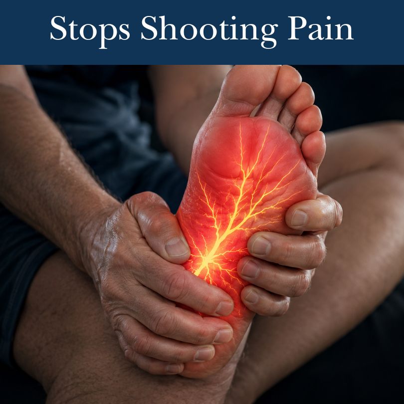 A person holds their foot, which has a graphic overlay of red and yellow representing shooting pain.