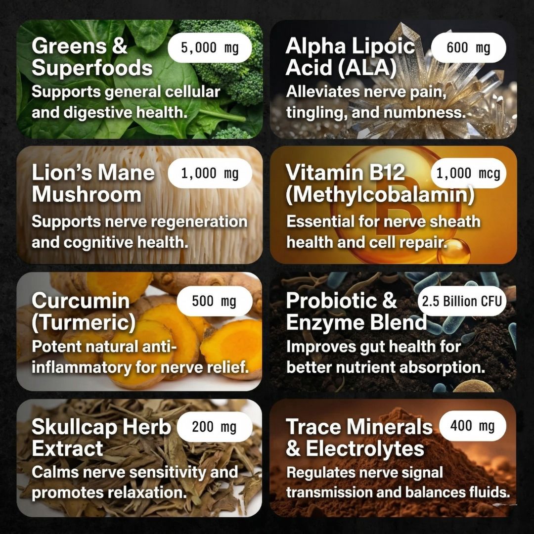 An infographic showing eight health supplements, their dosages, and their benefits for nerve and cellular health.