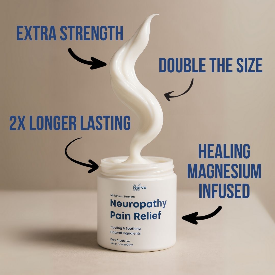 Jar of neuropathy pain relief cream with swirling cream and text annotations.