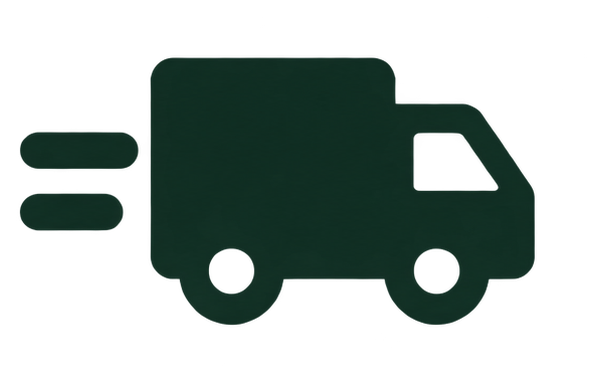 A dark green icon of a delivery truck in motion on a white background.