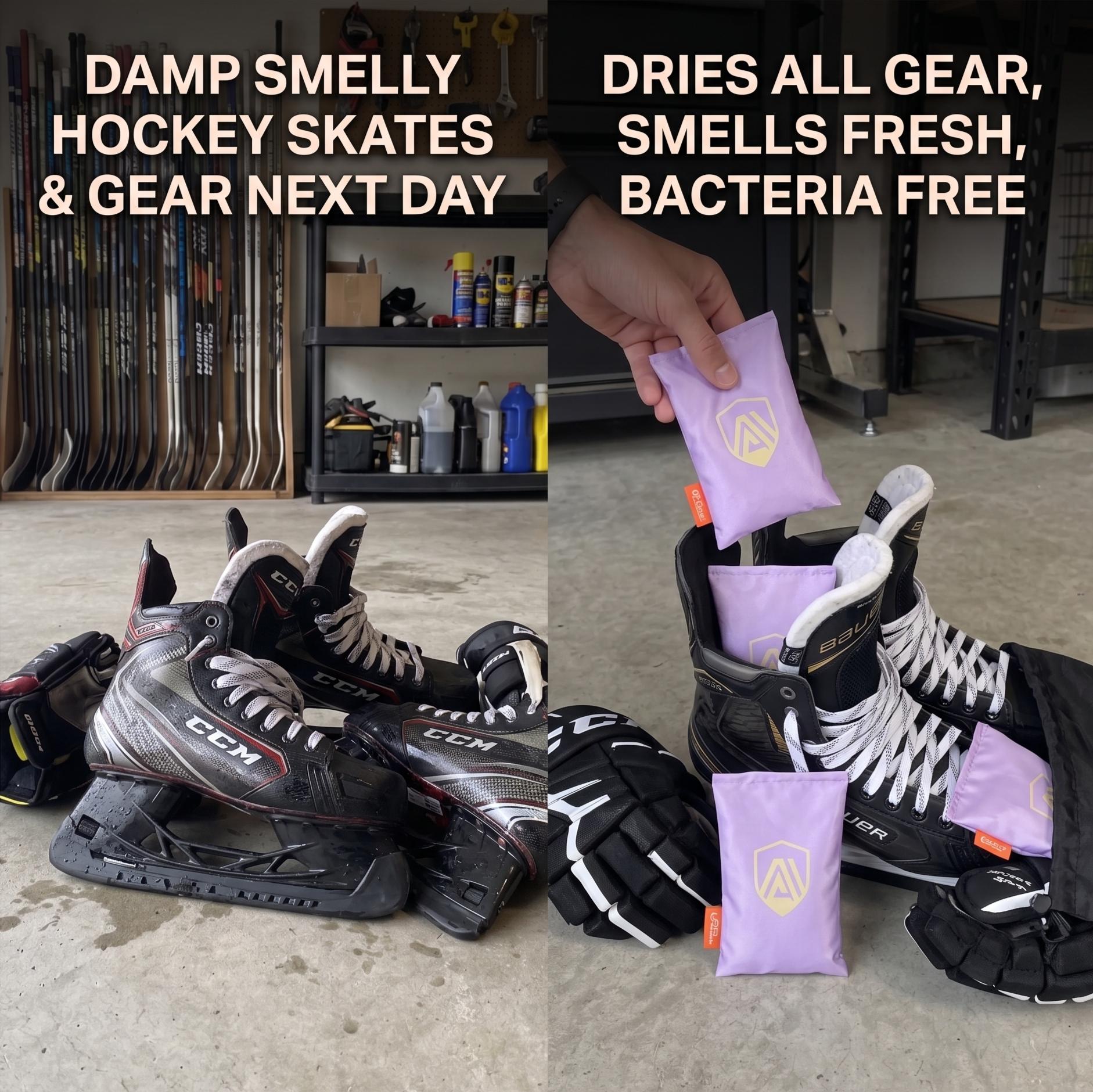 A before-and-after comparison of hockey gear, showing deodorizing pouches being placed inside skates.