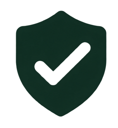 A dark green shield icon with a white checkmark inside.