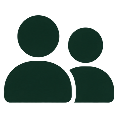 A dark green icon of two stylized people, one behind the other.