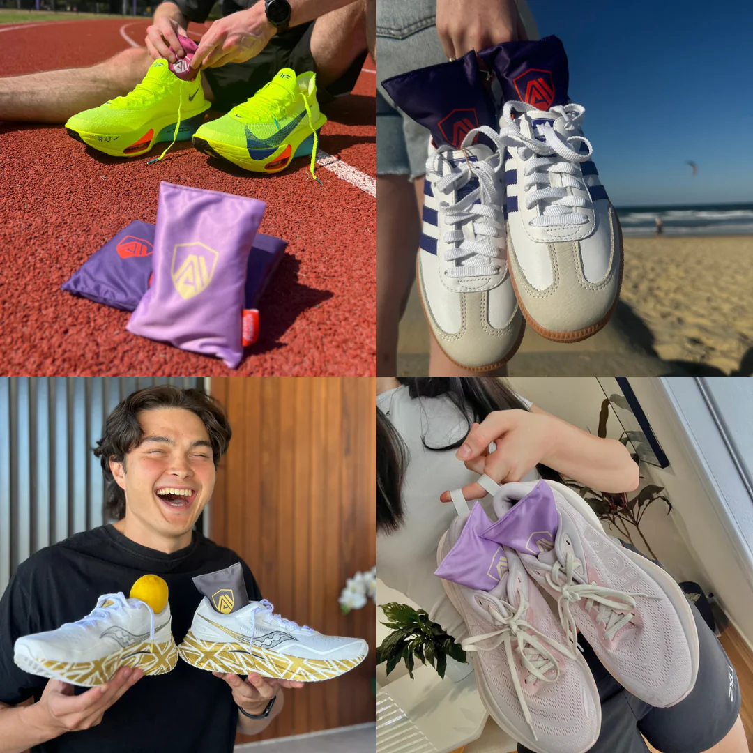 A photo collage of four people holding different athletic shoes, each with a small branded pouch inside.