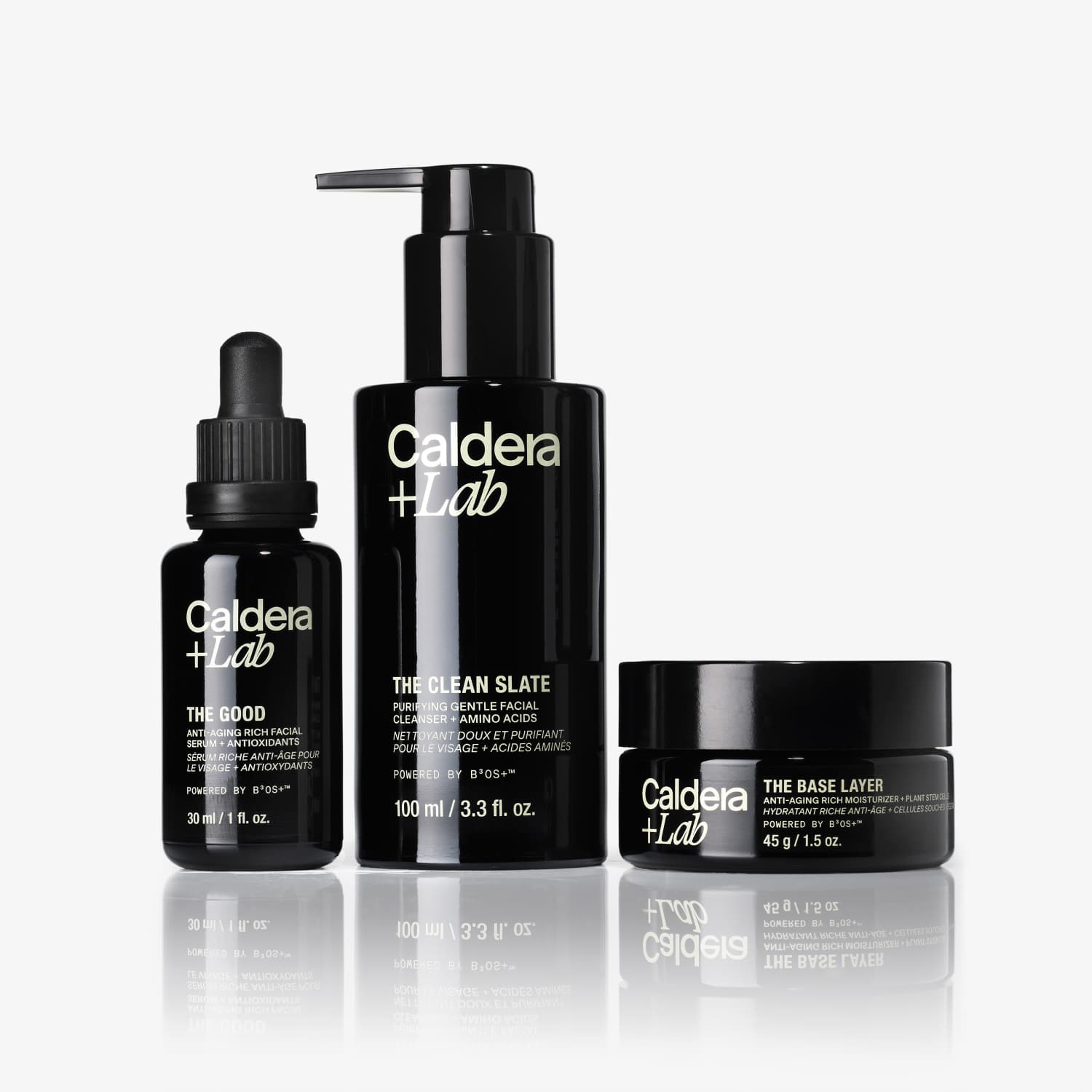 Three black skincare product bottles with the label 'Caldera + Lab.'