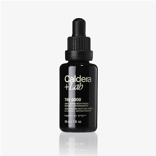 Black dropper bottle labeled 'Caldera + Lab, The Good' on white background.