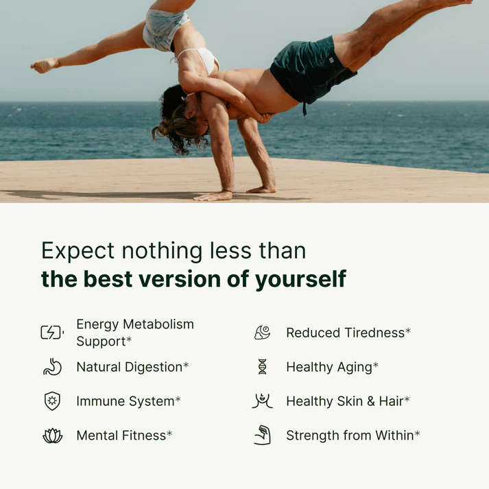 Two people performing an acrobatic pose by the sea with text about wellness.