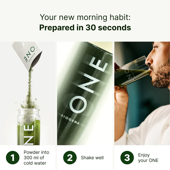 Steps to prepare a green drink with instructions to pour, shake, and enjoy.