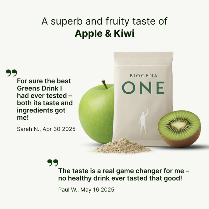 Package of Biogena One with apple, kiwi, and green powder.