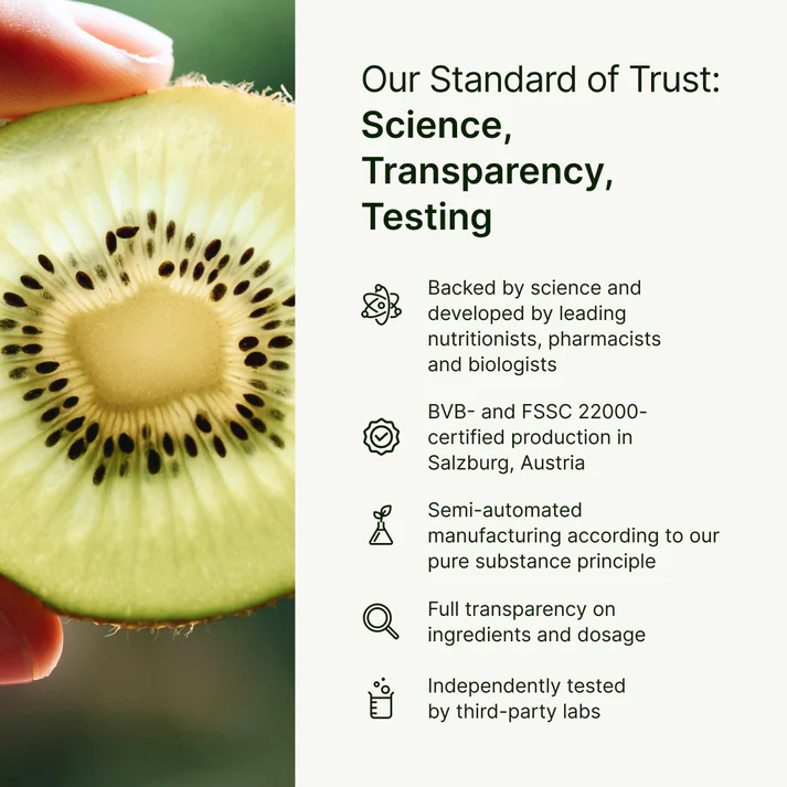 Close-up of a sliced kiwi and text about standards of trust in science and testing.