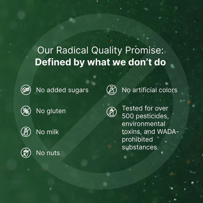 Green background with text about product quality promises, no added sugars, gluten, milk, nuts, artificial colors.